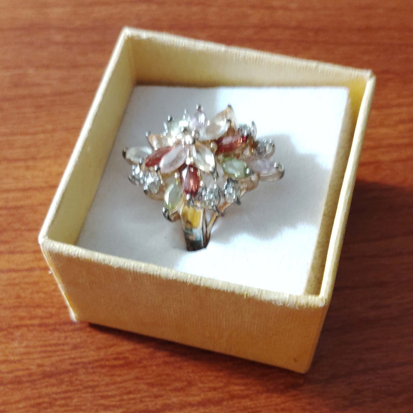 Silver Tone Crystal Multicolor Flower Cluster Cocktail Ring Size 7