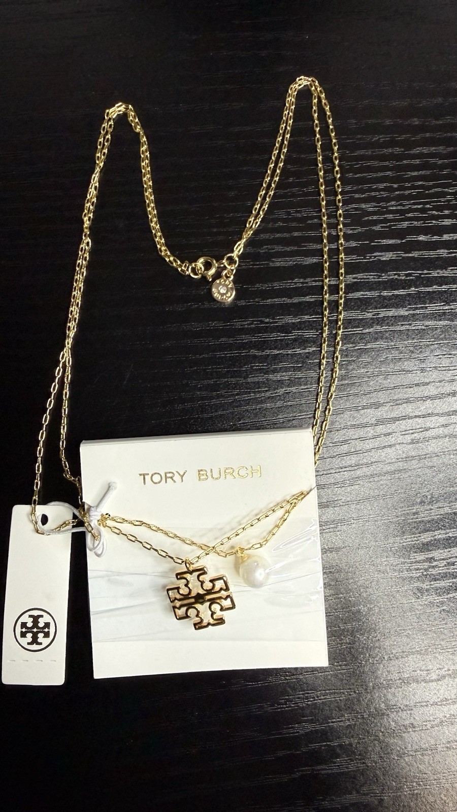 Tory Burch Gold Tone Cable Chain Necklace Logo Charm Pendant White Pearl