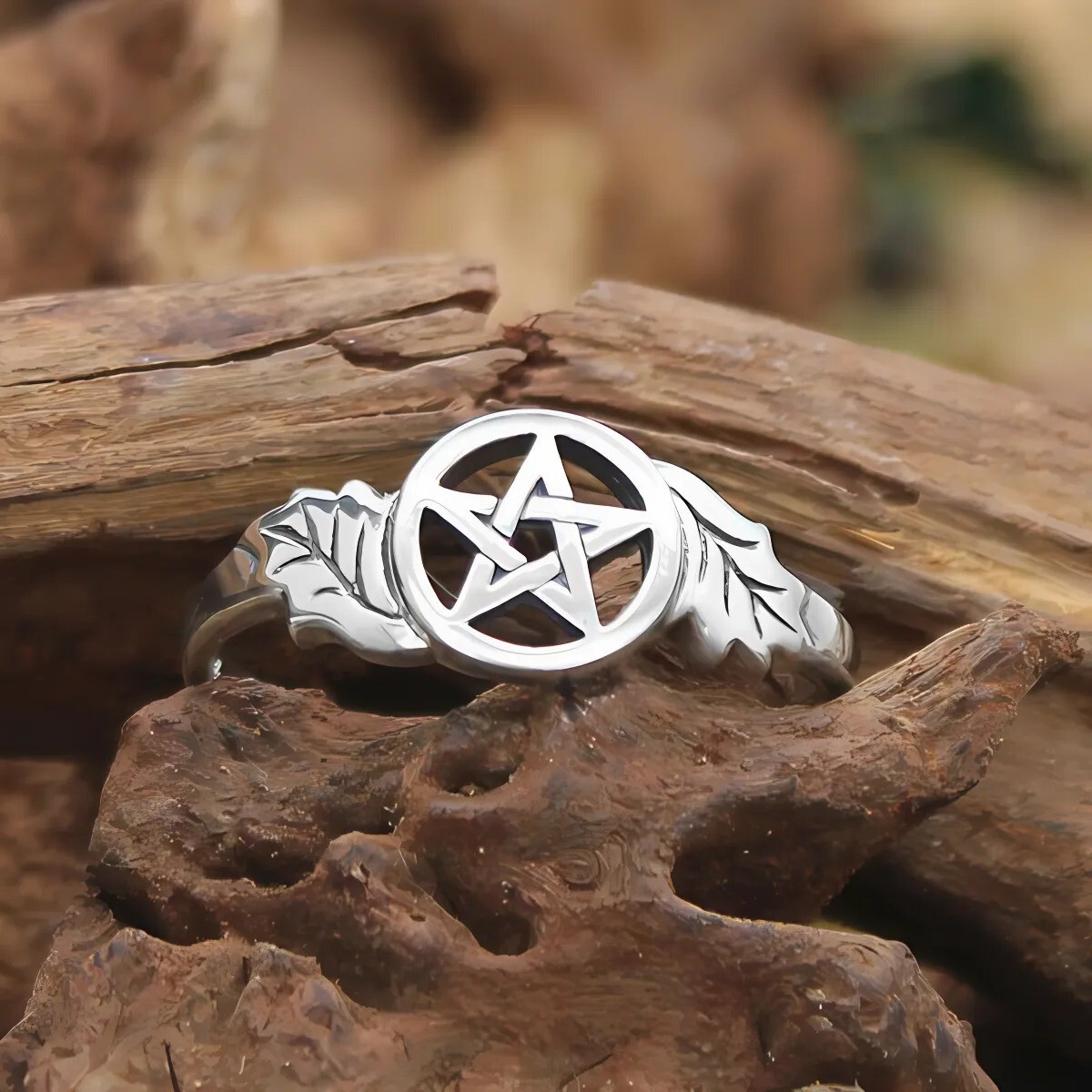 Sterling Silver Oak Tree Leaf Pentacle Ring – Wiccan Pagan Pentagram Jewelry