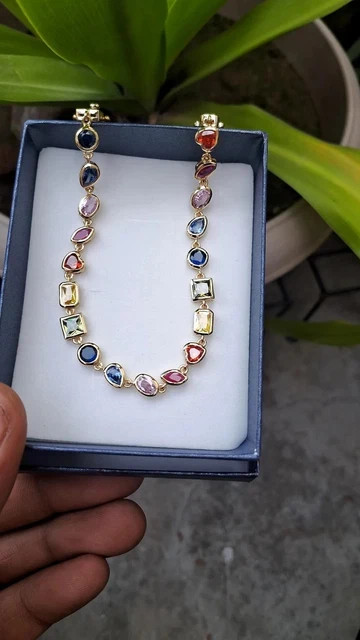 Rainbow MultiCut Multi-Color Gemstone Tennis Necklace 18K Yellow Gold Plated 16″