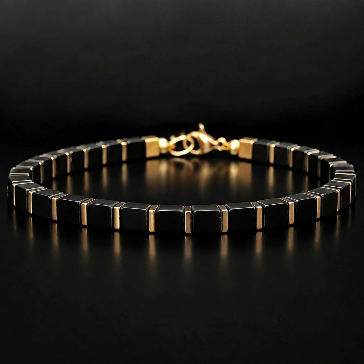 Genuine Black Onyx Bracelet Square Gemstone Beads Mens Womens Jewelry 7.8in