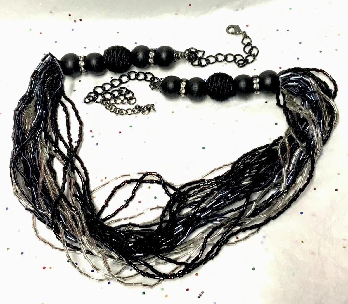 Vintage To Mod Black-White Plastic/Acrylic/Lucite/Crystal Bead Necklace {13~Lot}