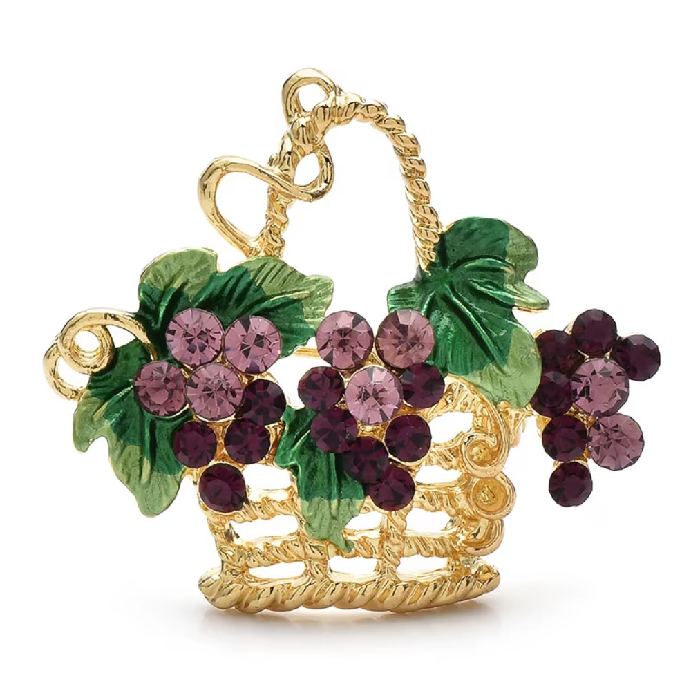 Crystal Grape Basket Brooch Pin Sparkly Purple Rhinestone Vintage Gold Jewelry G