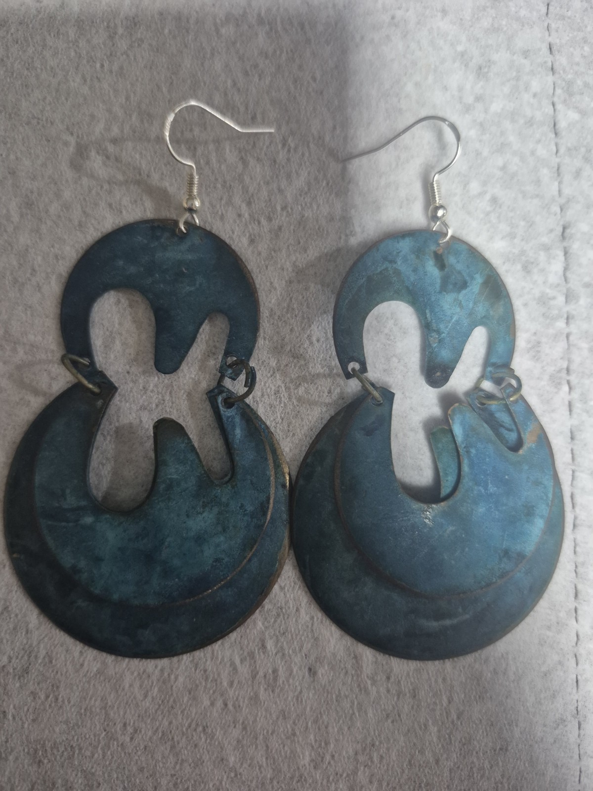 Vintage Verdigris Patina Copper Earrings Brutalist Cutout Dangle Drop Boho
