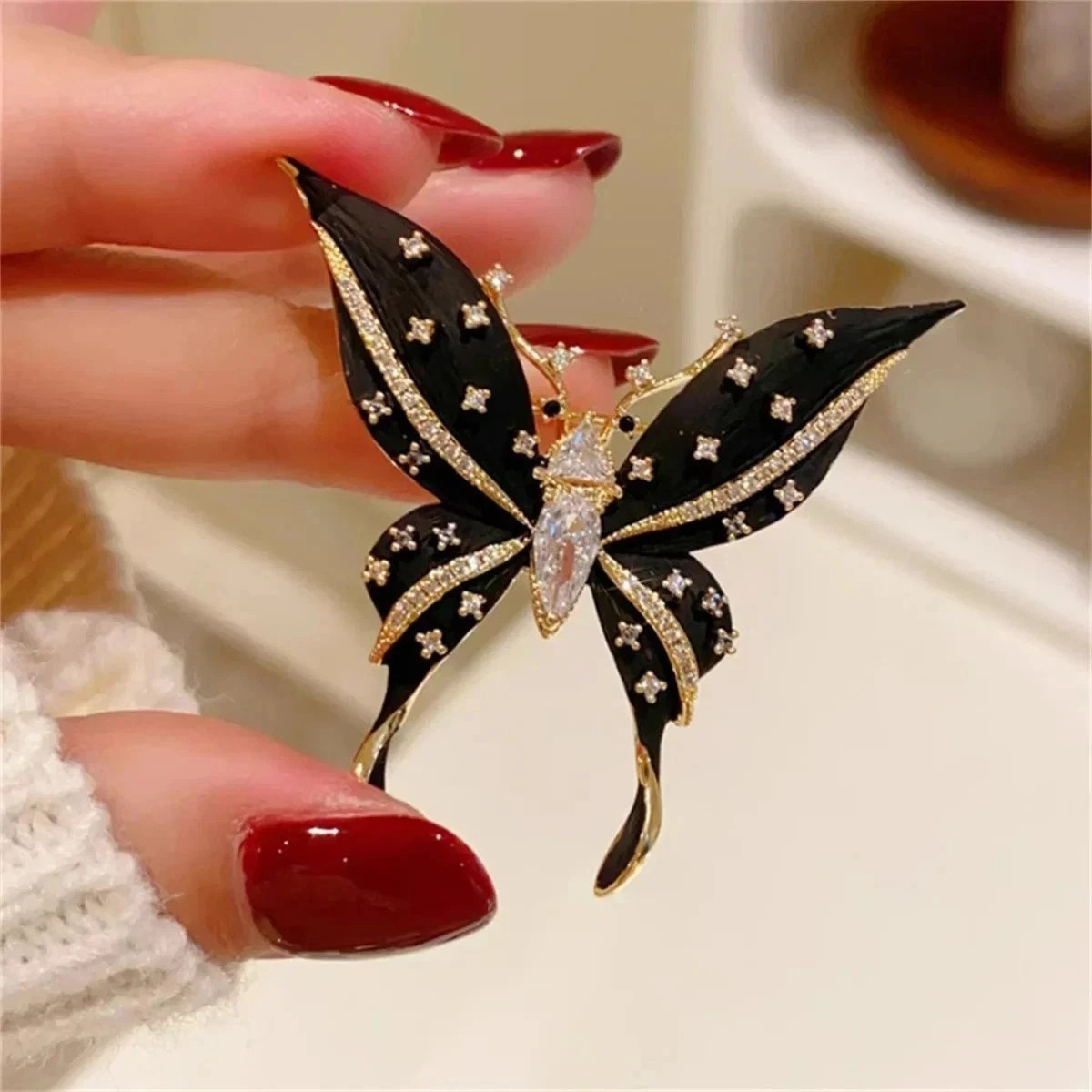 Vintage Black Enamel Butterfly Brooch Gold Tone Crystal Rhinestone PinPurchase H
