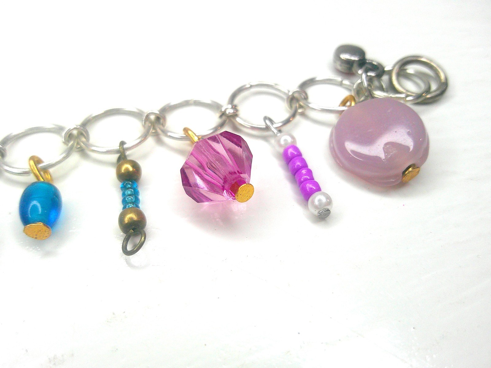 Charm Bracelet Unique Silver tone Upcycled Acrylic Beaded Colorful Petite 6.5 in