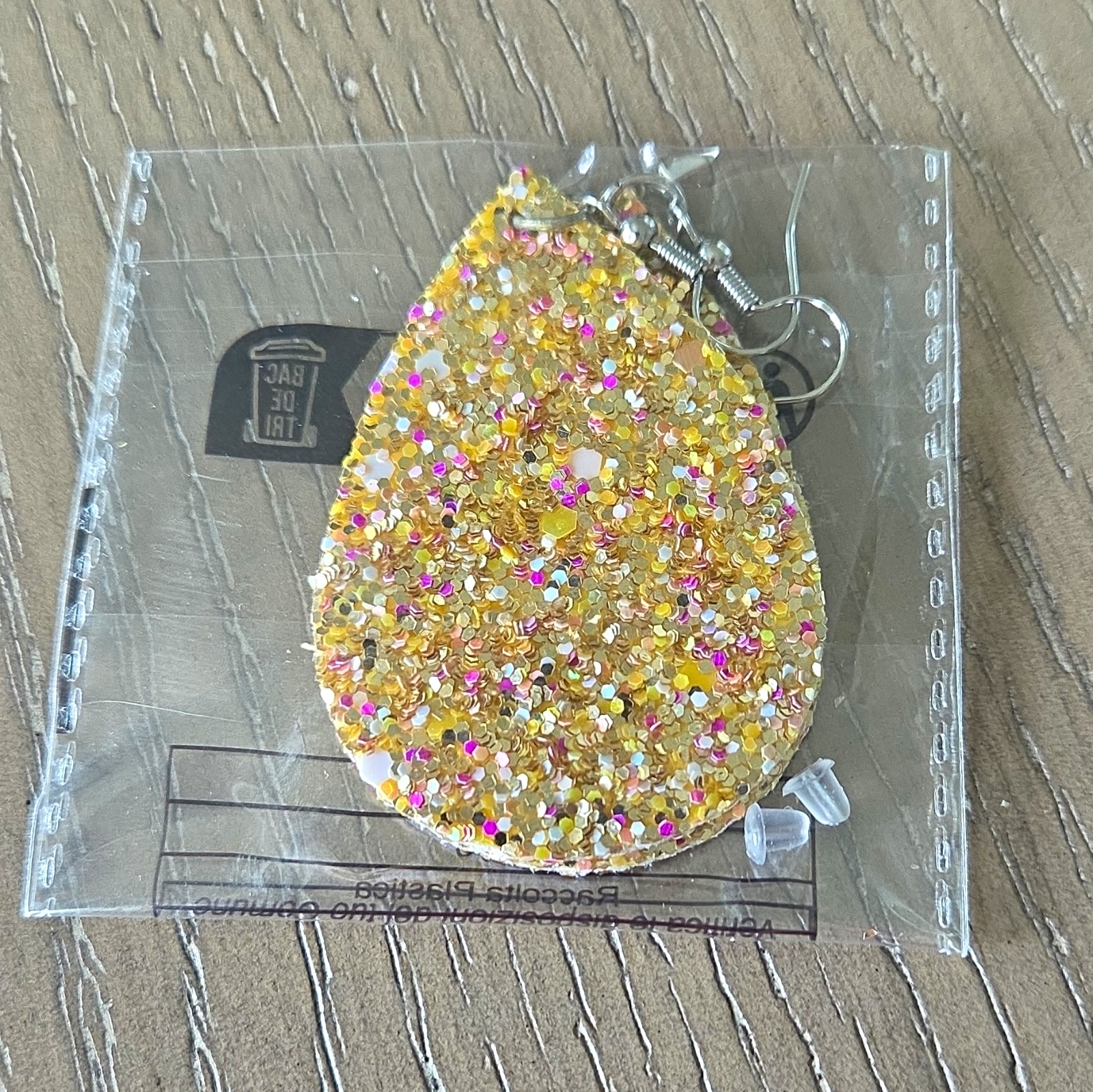 Gold Glitter Teardrop Faux Leather Dangle/Drop Earrings, Hook Closure
