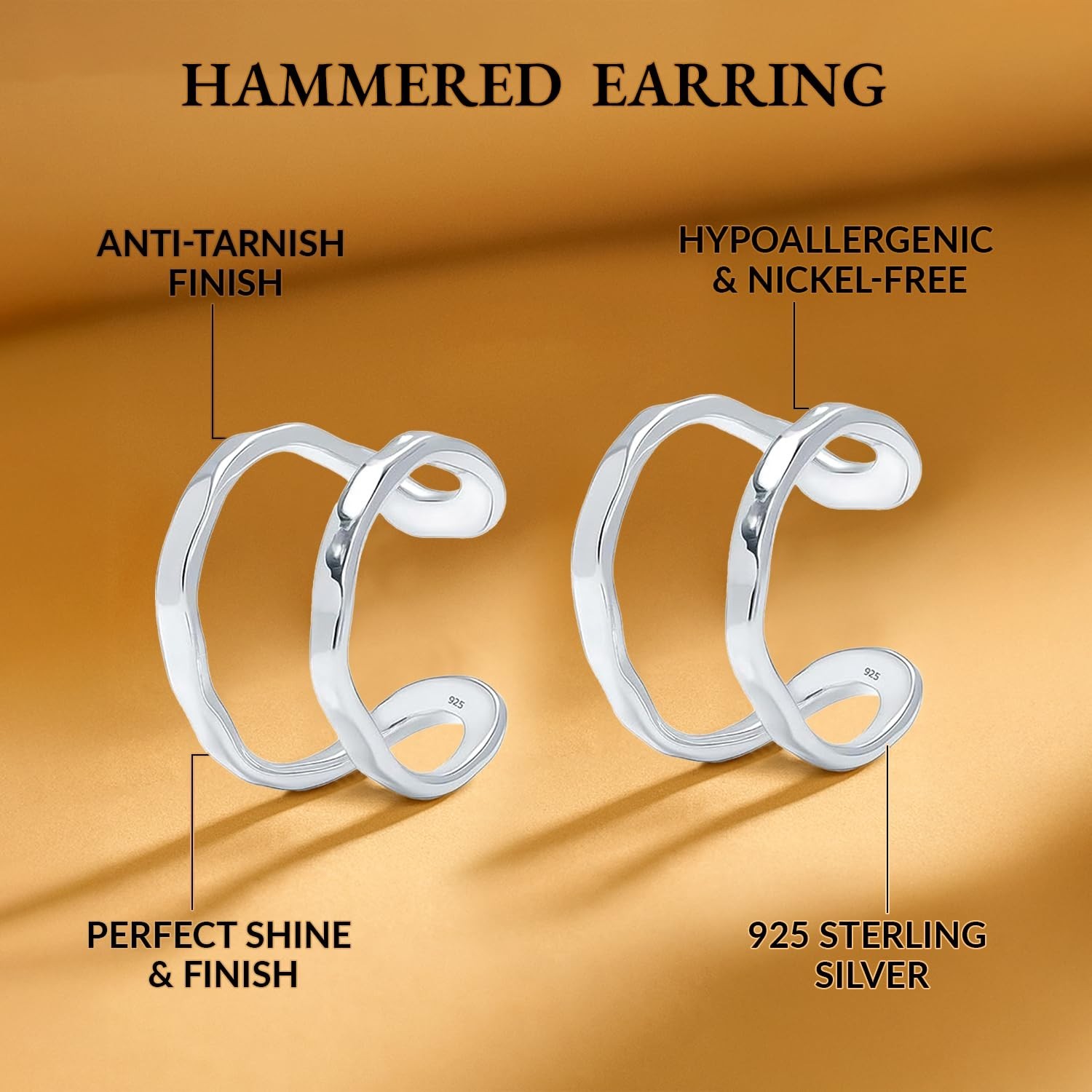 925 Sterling Silver Hammered Ear Cuff-Set for Non-Pierced Earring for Women 12mm