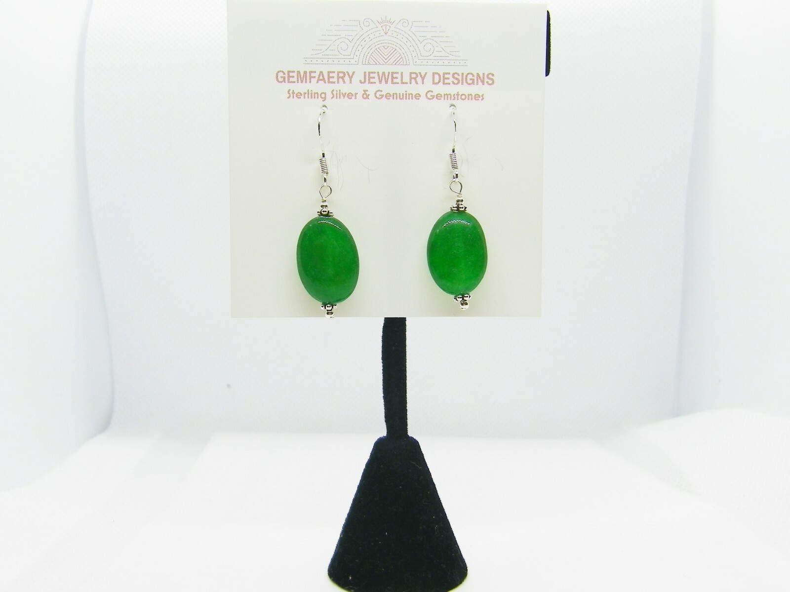 Sterling Silver Natural GREEN JADE Gemstone Dangle Earrings #2342…Handmade USA