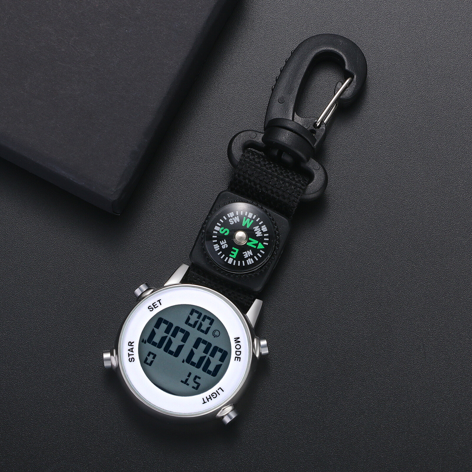 Clip-on Carabiner Light Compass Waterproof Digital Quartz Analog Watch Outdoor
