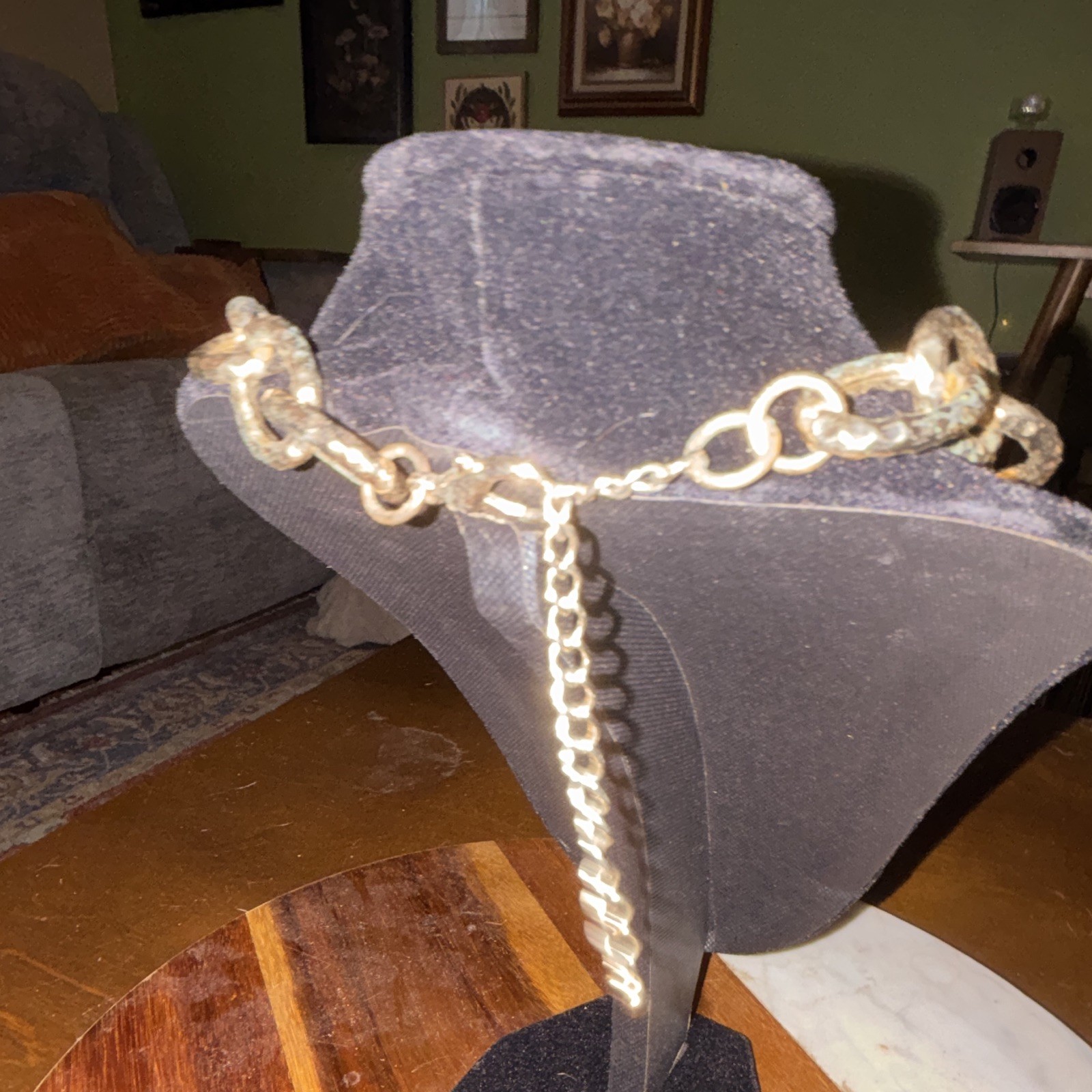 Gold Tone Oval Link Chain Statement Necklace, Metal, Adjustable Extender