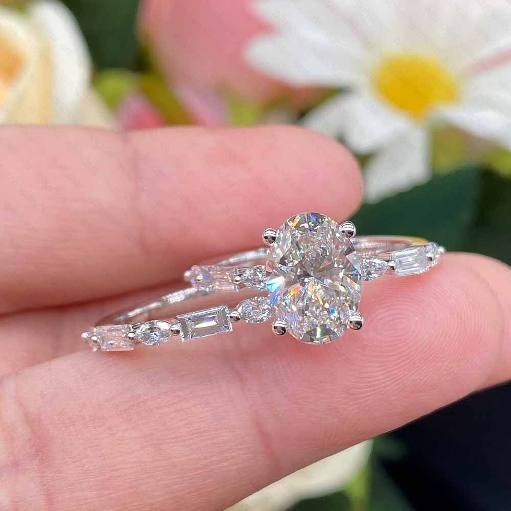 Moissanite Solitaire With Accents Ring with Matching Band 14K White Gold Plated