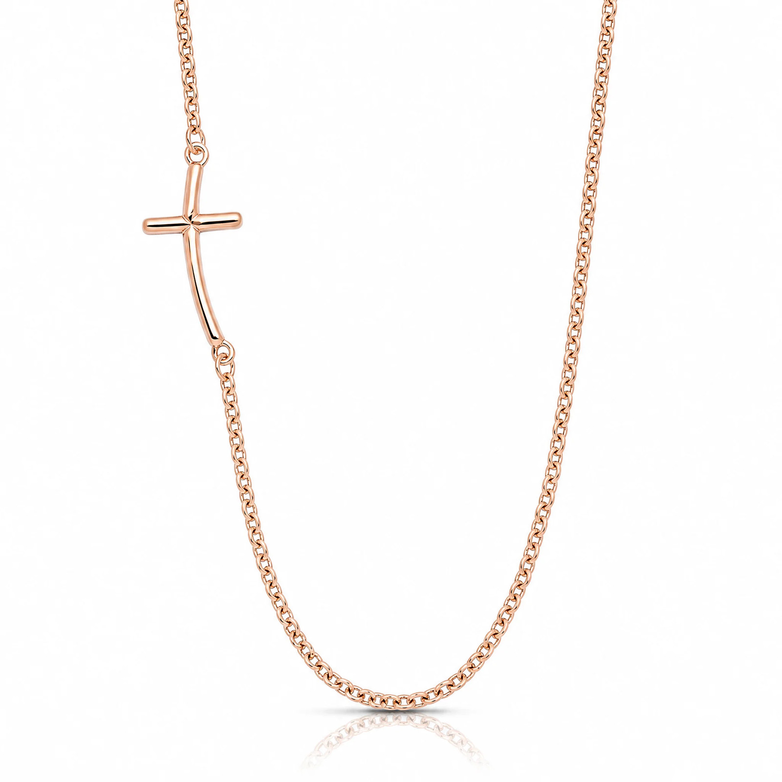 Sterling Silver Rose Gold-Plated Small Off-Set Sideways Curved Cross Necklace