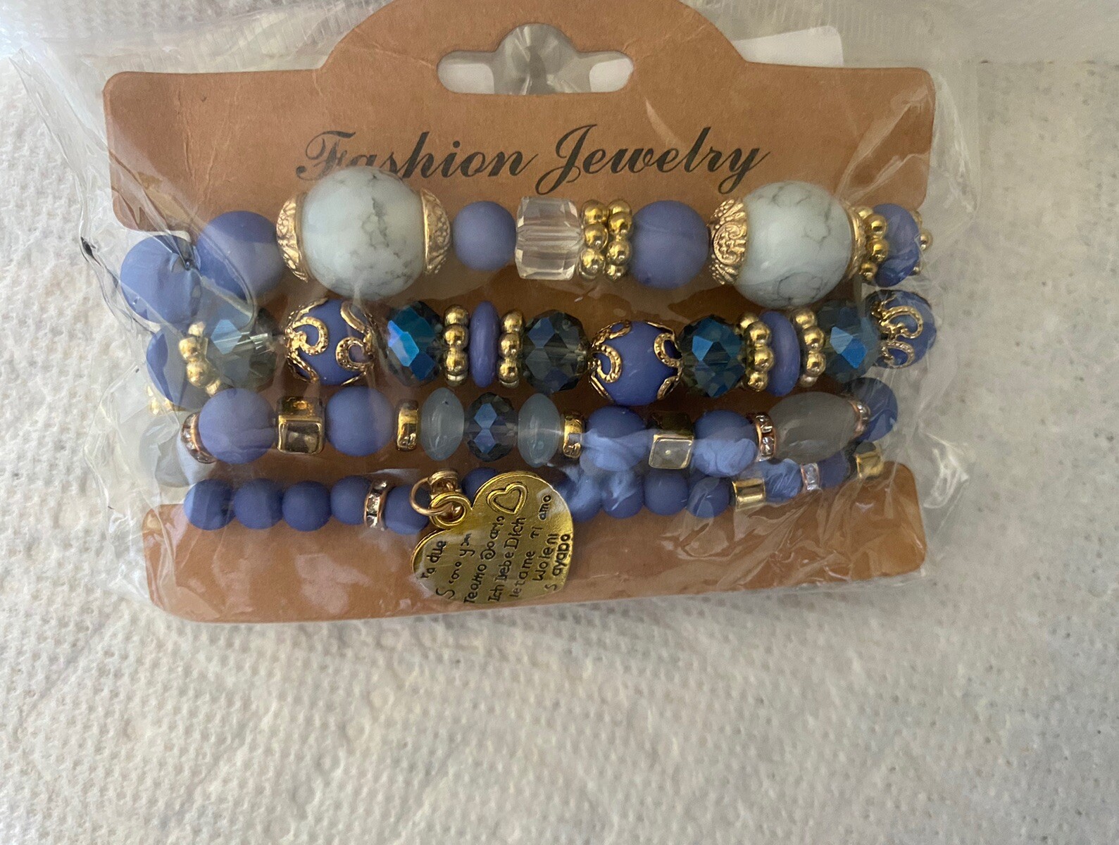 Blue Stackable Bracelet 4pc Set Heart Dangle Charm Women Jewelry&Gift Bag NWT