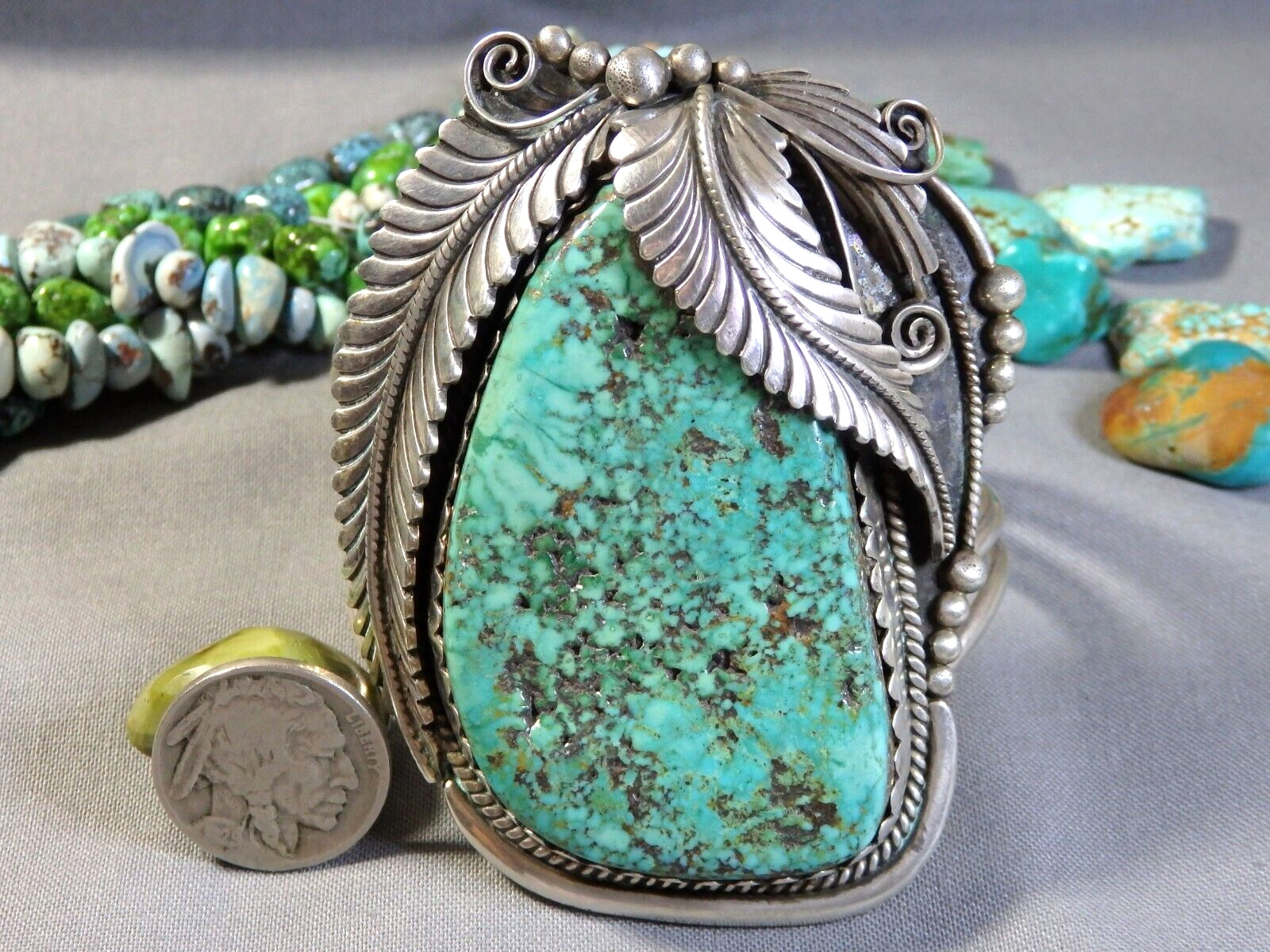 NAVAJO D. Lister KINGMAN TURQUOISE Sterling Silver SQUASH BLOSSOM 110g Bracelet