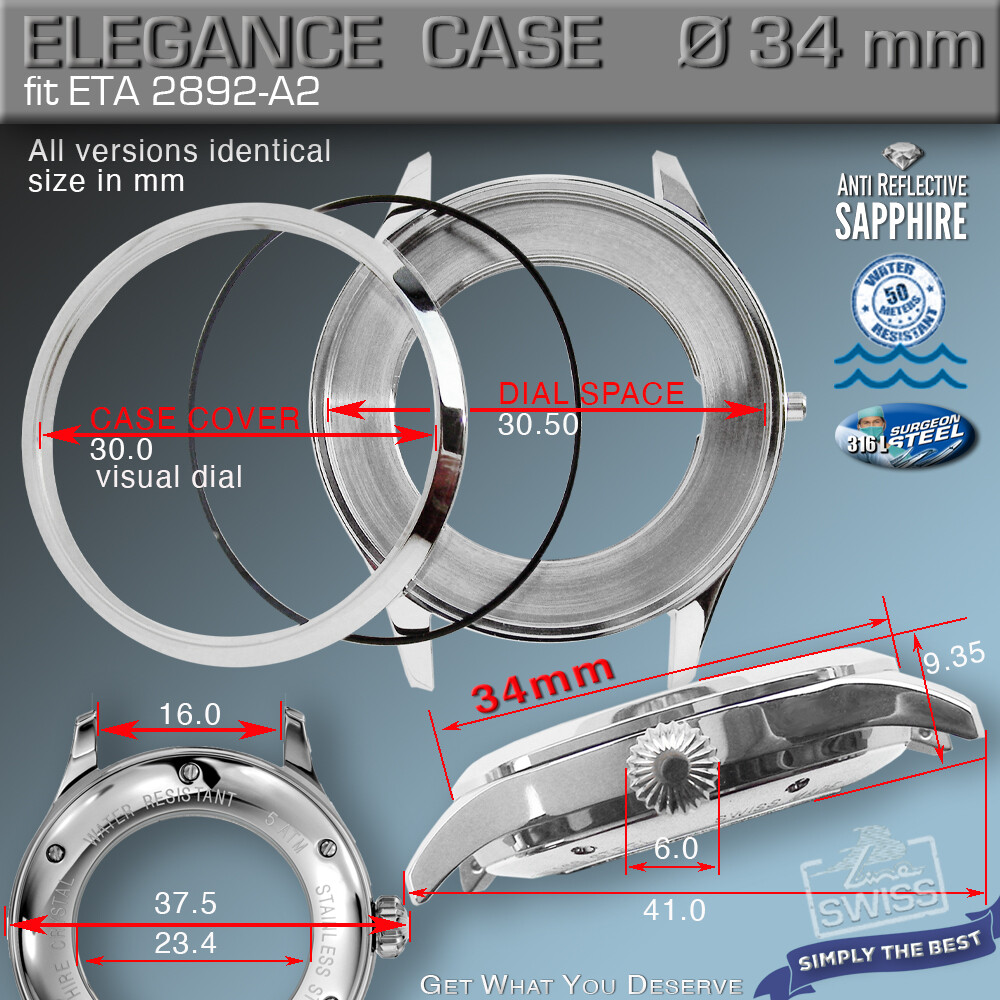 WATCH CASE ELEGANCE Ø 34mm, ETA 2892-A2, SW 300, M100, A10, ST, BL, GOLD, R-GOLD