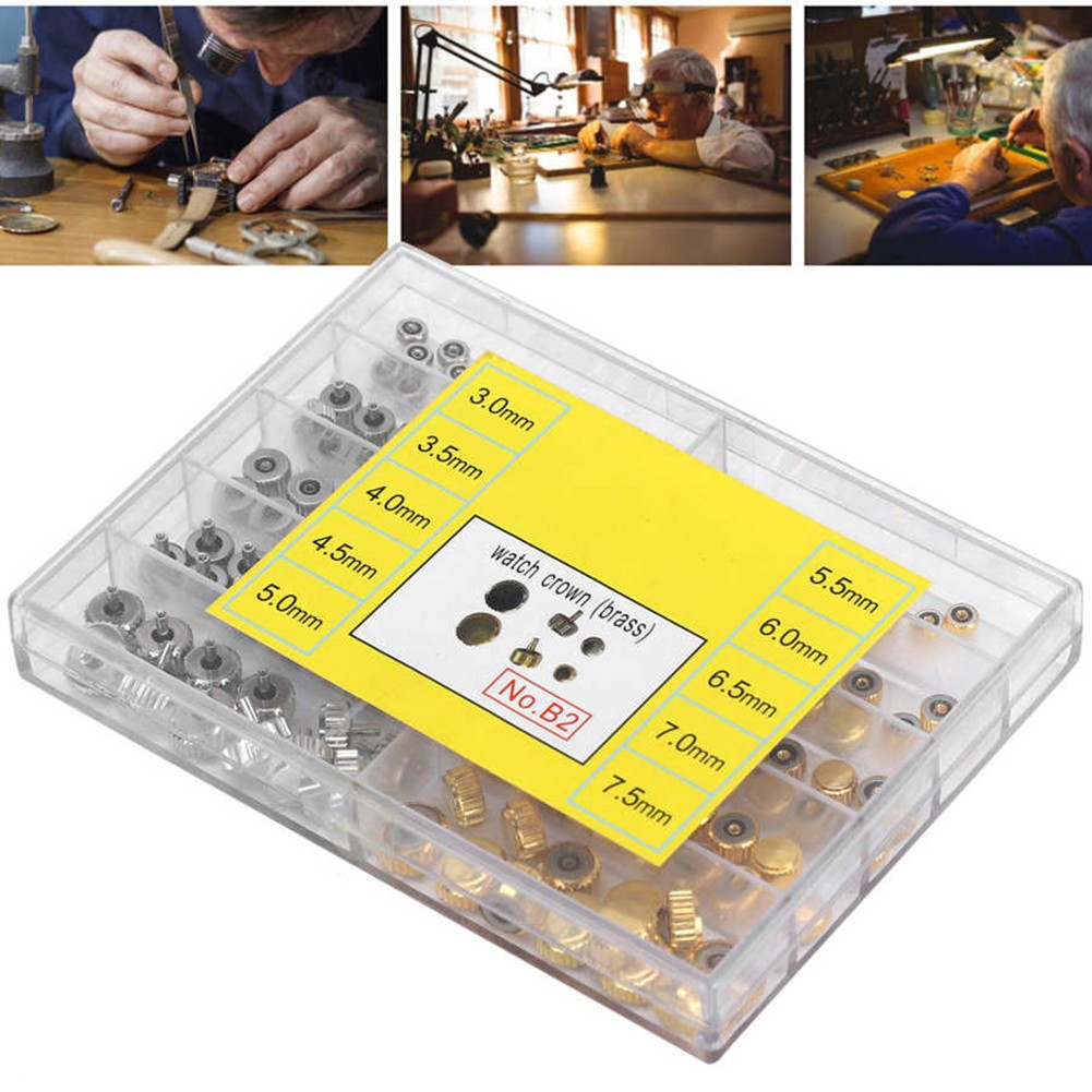 100Pack 3.0‑7.5mm 10-Size Watch Crown Head Assortment Watchmaker Repair Box Kit