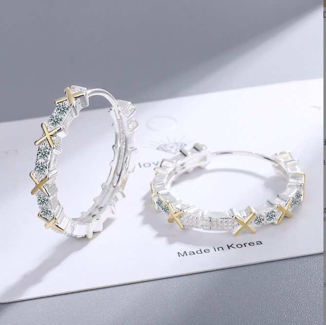 925 Sterling Silver Gold Tone CZ Cross Huggie Hoop Earrings 15mm/0.6″ Gift PE