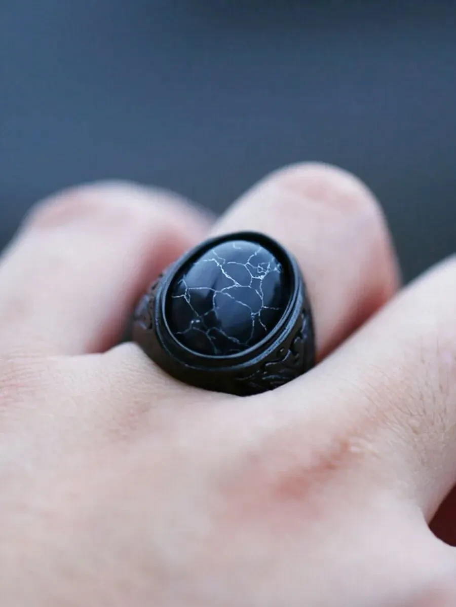 1Pc Men’s Vintage Black Stainless Steel Ring | Resin Stone Fashion Jewelry Gift