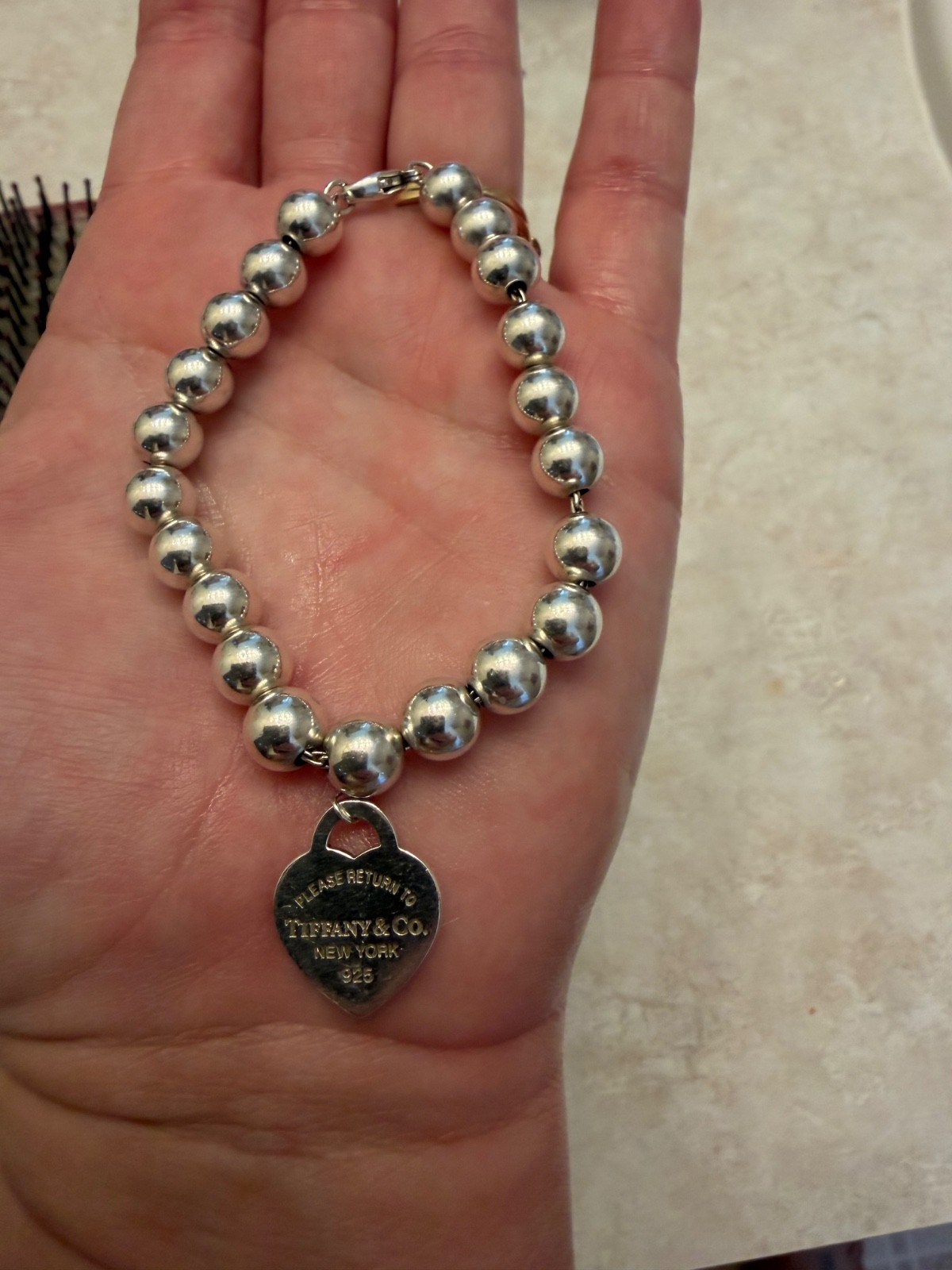 Return To Tiffany 8 mm Bead Balls Bracelet With Medium Size Heart Tag 7.5