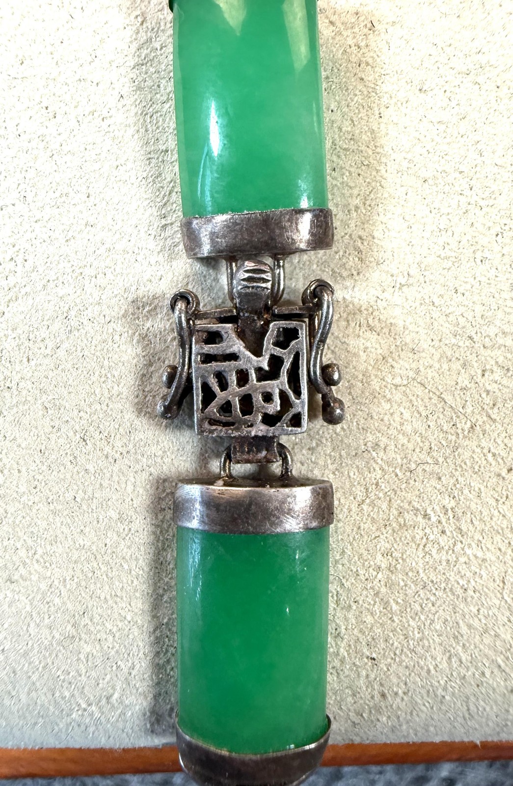 Sterling Silver 925 Jade Bangle Bracelet Green Ethnic Hook Womens 6.5 In 13.74g