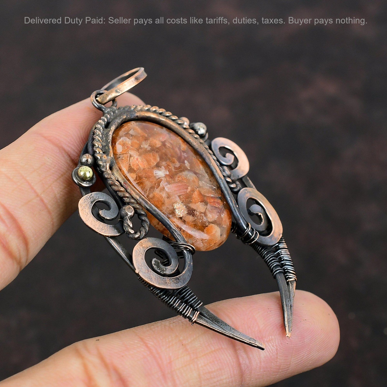 Sacral Chakra Natural Sunstone Wife Wire Wrapped Birthday Pendant Jewelry Copper