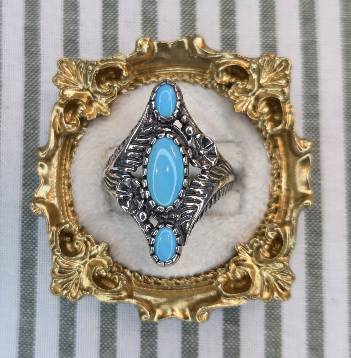 Silver Tone Blue Oval Main Stone 3 Gemstone Marquise Cocktail Ring Size 8