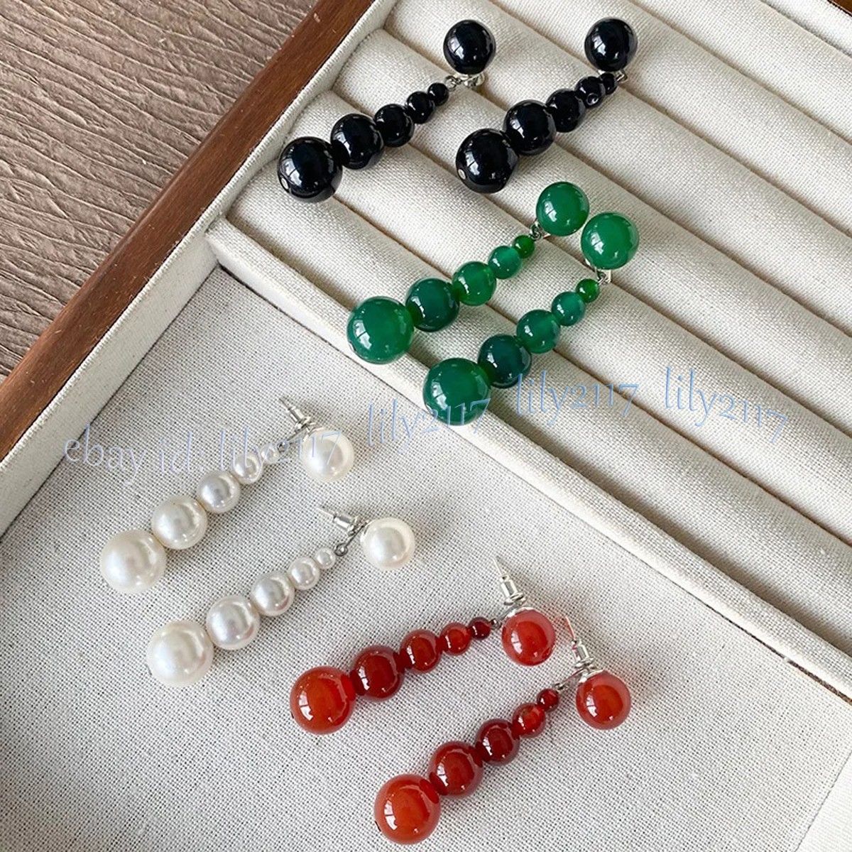 White Shell Pearl Natural Jade 4-12mm Round Gemstone Beads Dangle Stud Earrings