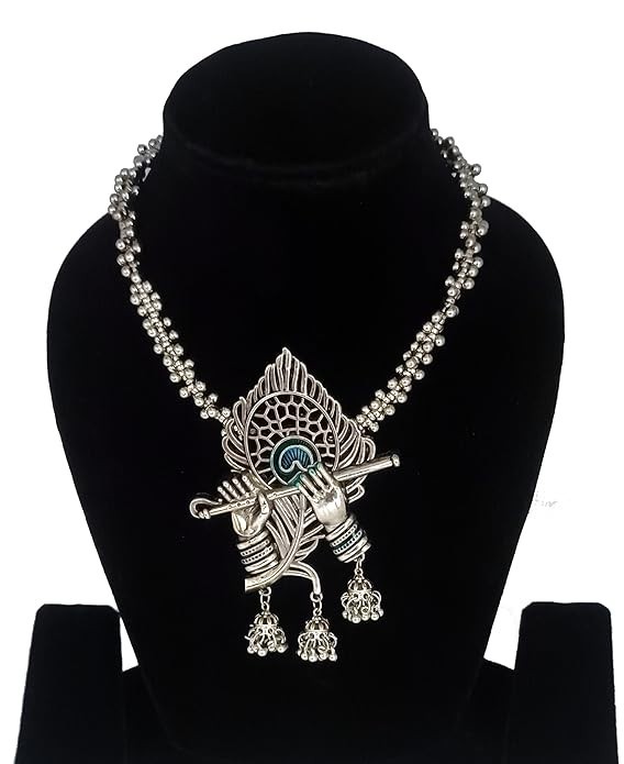 OXIDISED SILVER RADHA KRISHNA NECKLACE SET JHUMKI EARRINGS WOMEN GIRLS JEWELRY