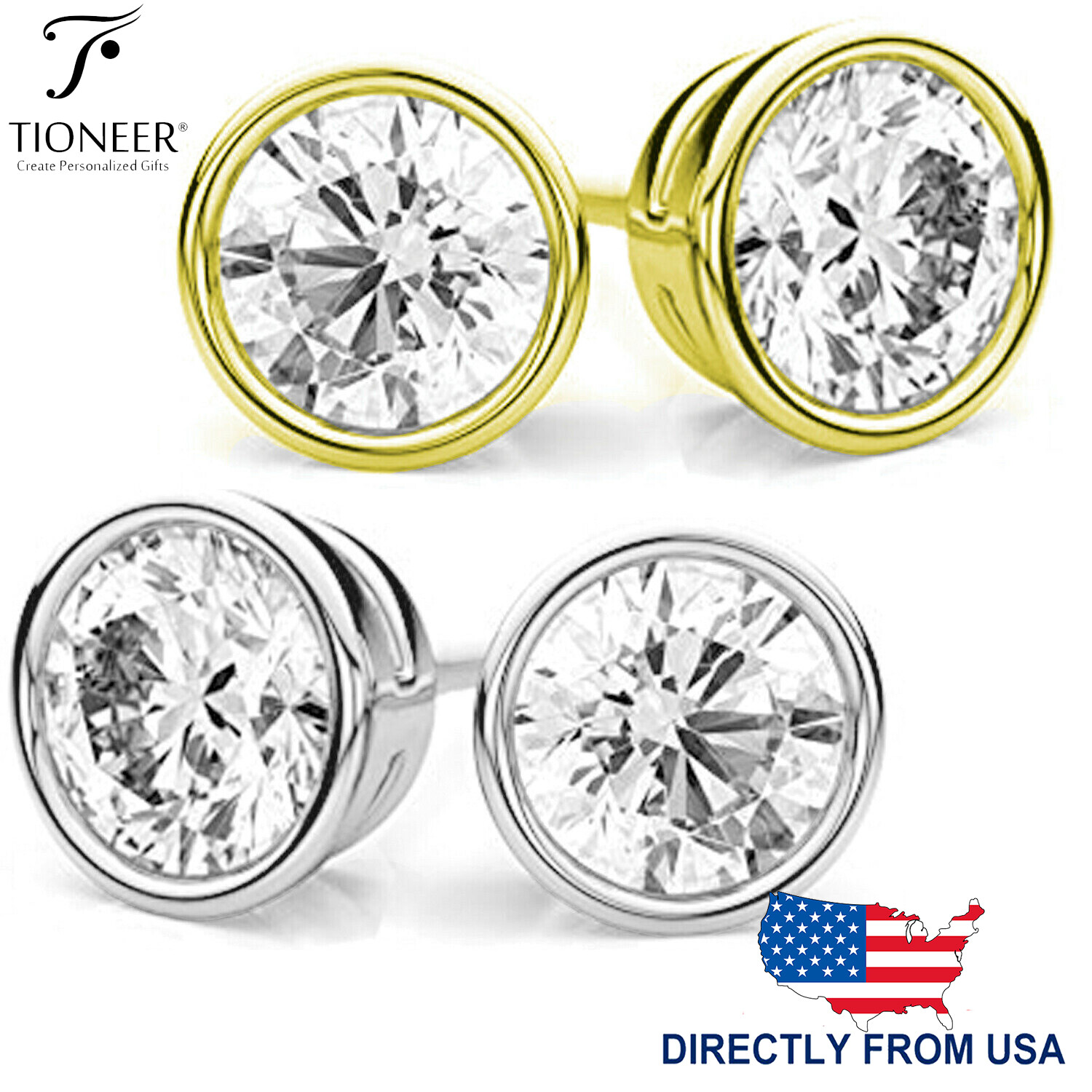 Sterling Silver 925 Silver / Gold Bezel Round CZ Stud Earrings Push Back 3mm-7mm