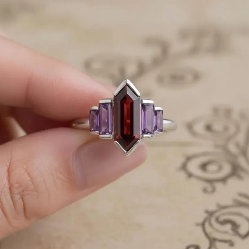Garnet Amethyst Gemstone Art Deco Sterling Silver Geometric Ring Jewelry Gift