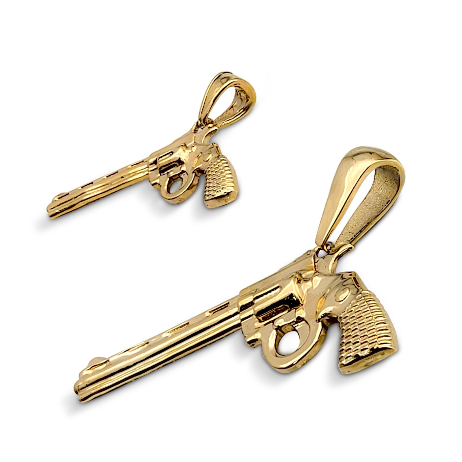 Solid 18K Yellow Gold Revolver Pistol Pendant, Six Shooter Real Gold Gun Pendant