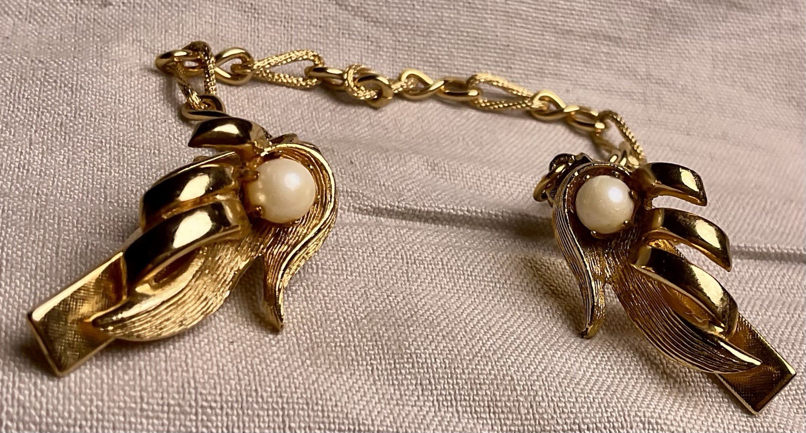 Vintage Sweater Guard Clothing Clips Faux Pearl Gold Tone Chain PAT NUMBERS