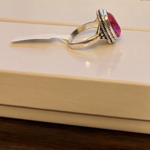 Size 7.5 Silver Tone And Ruby Red CZ Ring No Mark Solitaire Stone