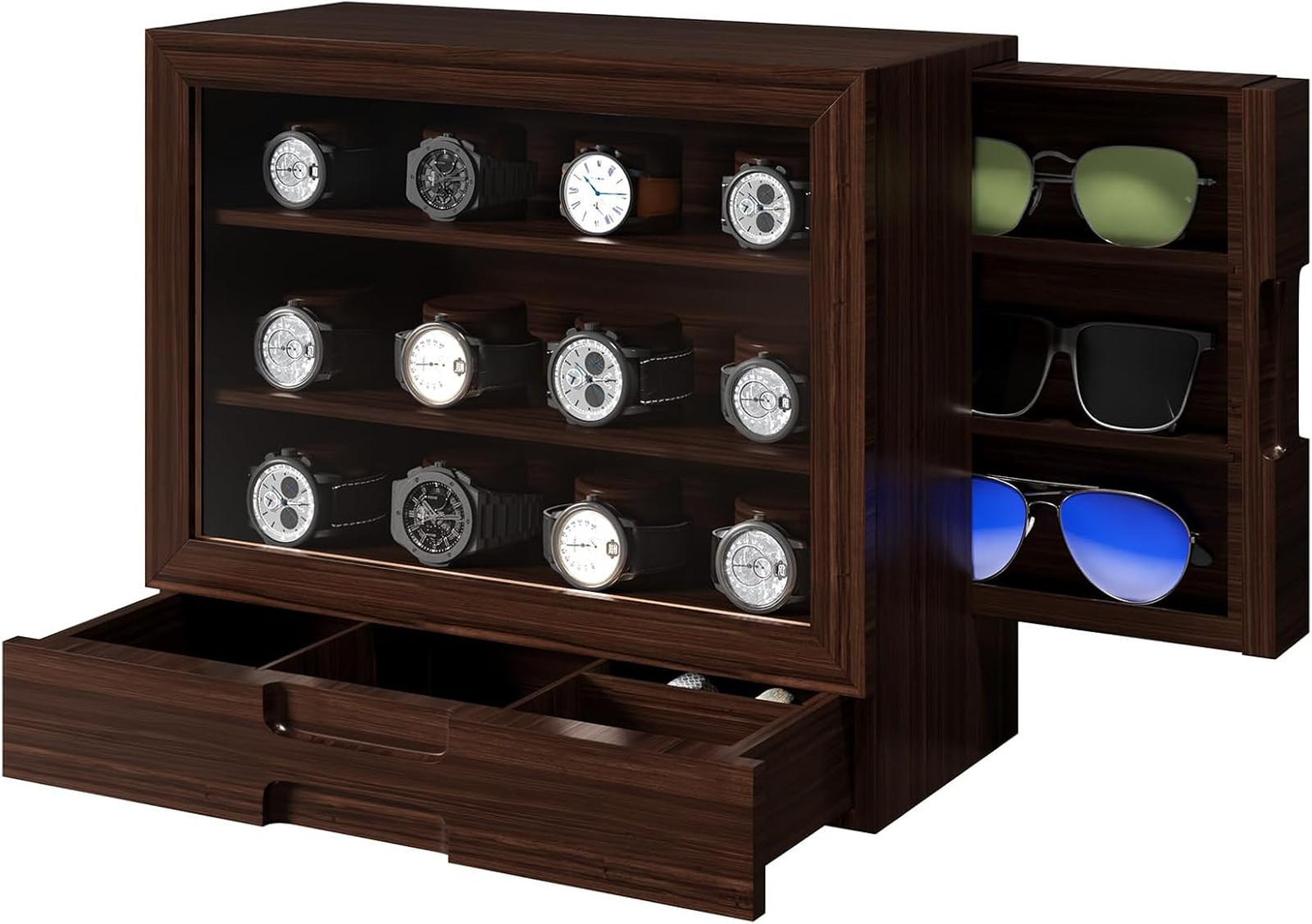 Wooden Watch Display Case with Clear Window for 12 Watches, Jewelry Drawer
