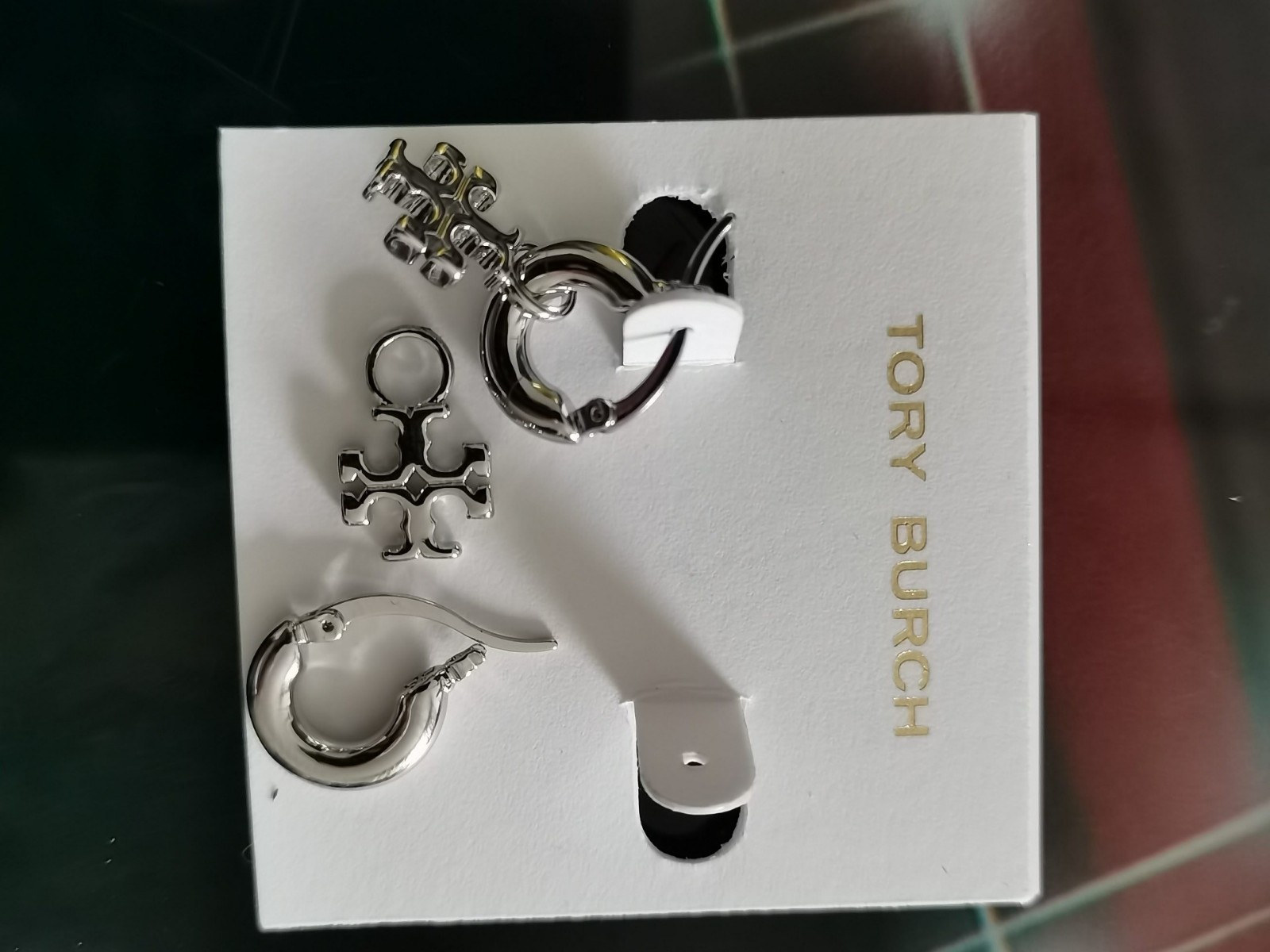 Tory Burch Silver Double T Huggie Drop Earrings Two-tone Hoop Ear Jewelry