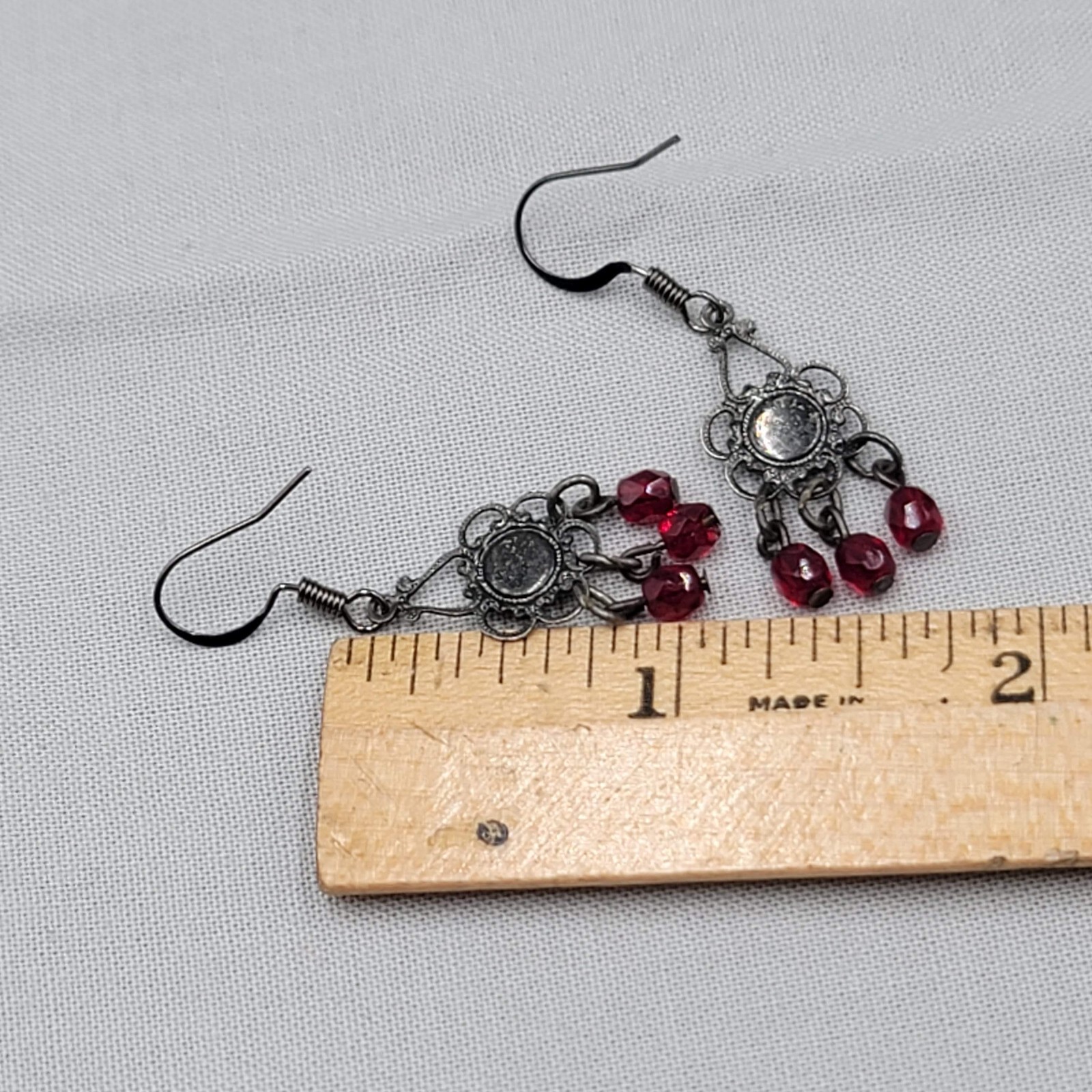 Red Rhinestone Goth Pierced Earrings Black Metal Dangle 1″ Lightweight