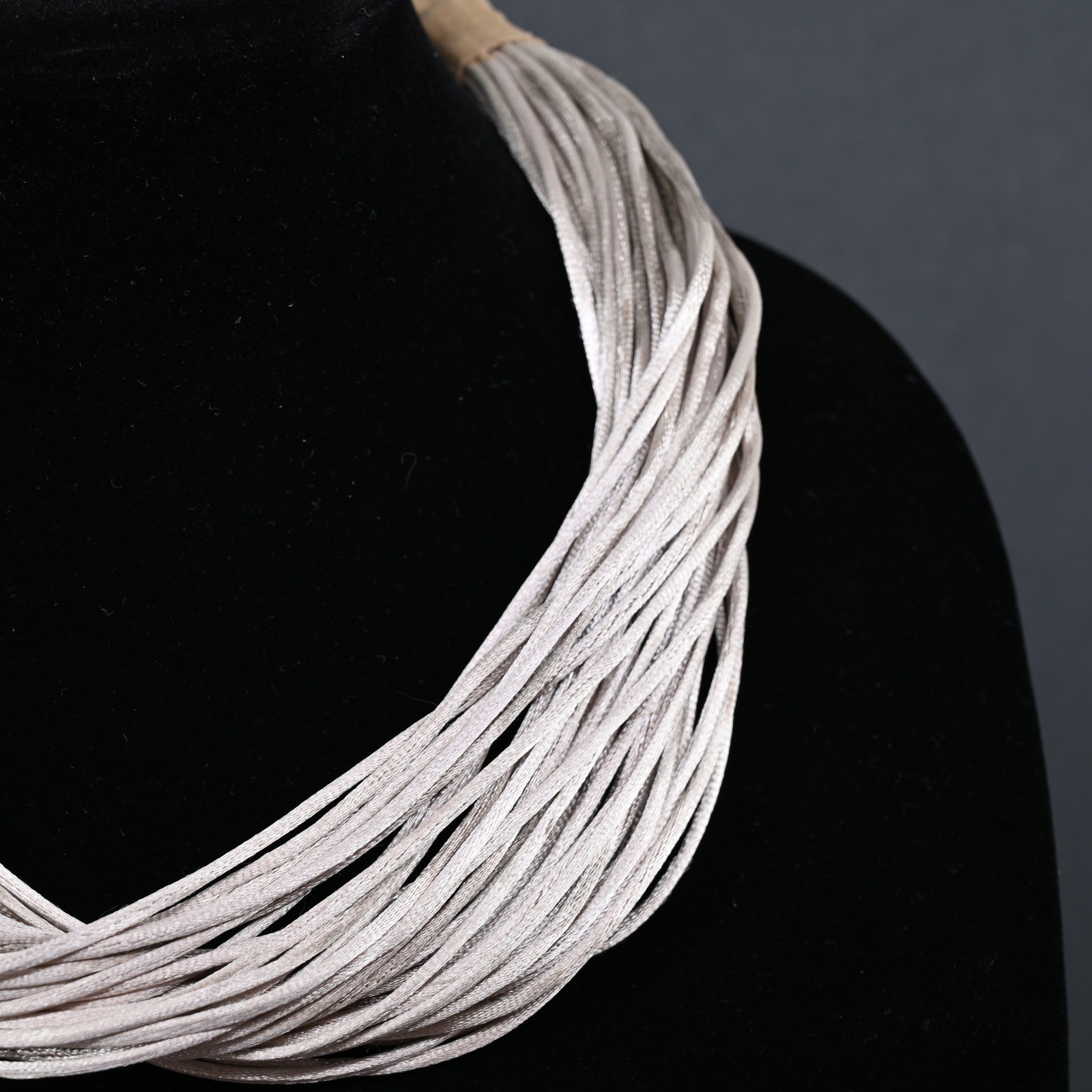 Multi Strand Cord Statement Necklace Silver Taupe Satin Fabric Adjustable 20″
