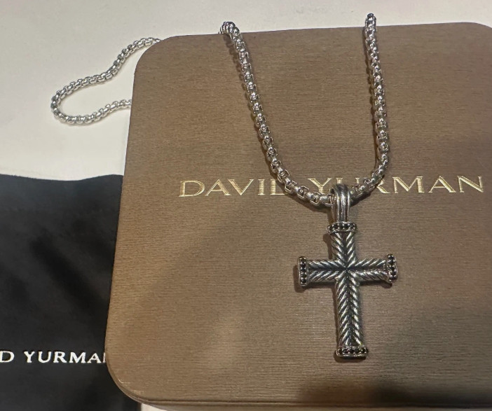 Silver 925 David Yurman Chevron Cross Necklace with Black Diamonds
