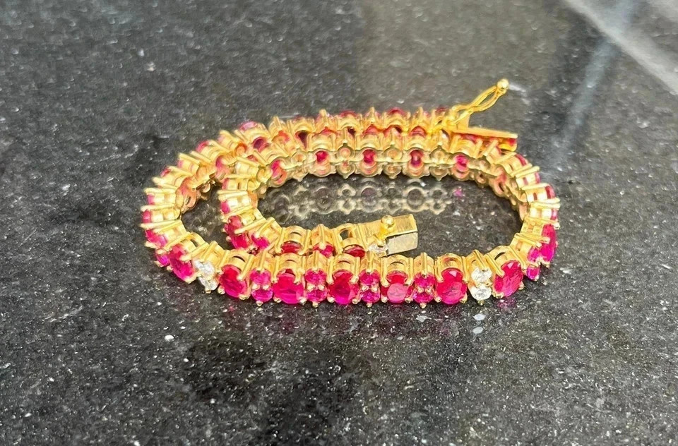 11.00Ct Oval Cut Natural Red Ruby & Diamond Tennis Bracelet 14K Yellow Gold 7″