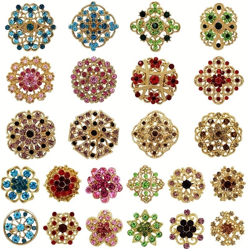24PCS Vintage Brooch Lot Mixed Alloy Rhinestone Crystal Pins Wedding Bouquet DIY