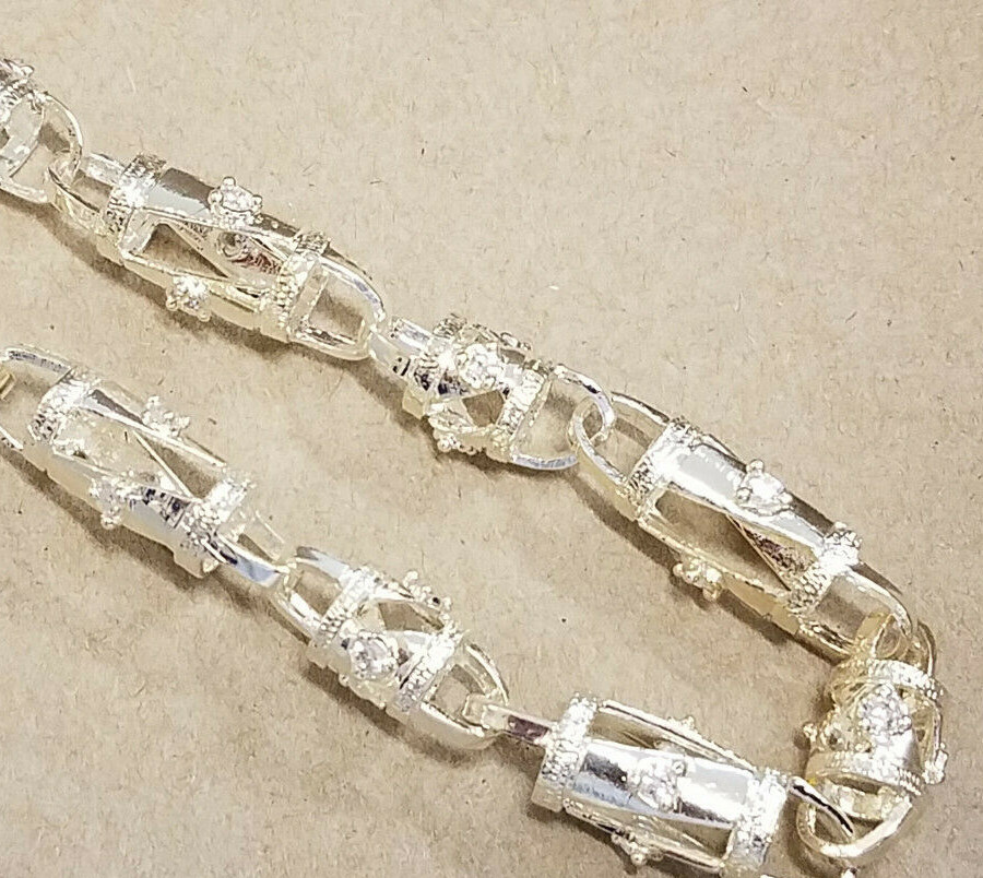 Men’s Silver Plated 30in Long 11mm Wide Necklace Chain Fancy CZ Barrel Links New