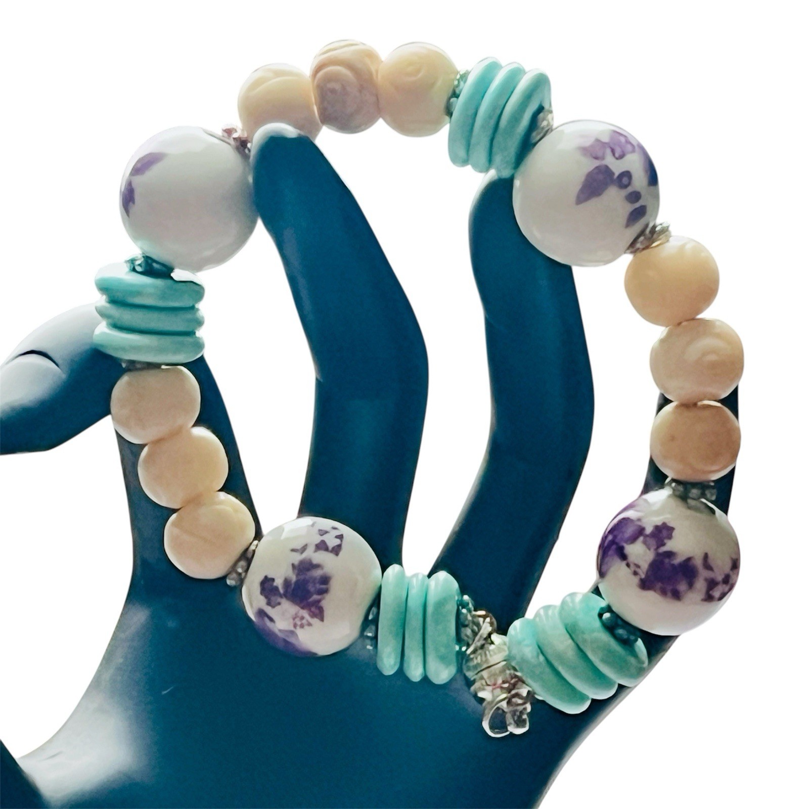Ceramic Floral Imprinted Beaded Bracelet Magnetic Clasp Handmade New