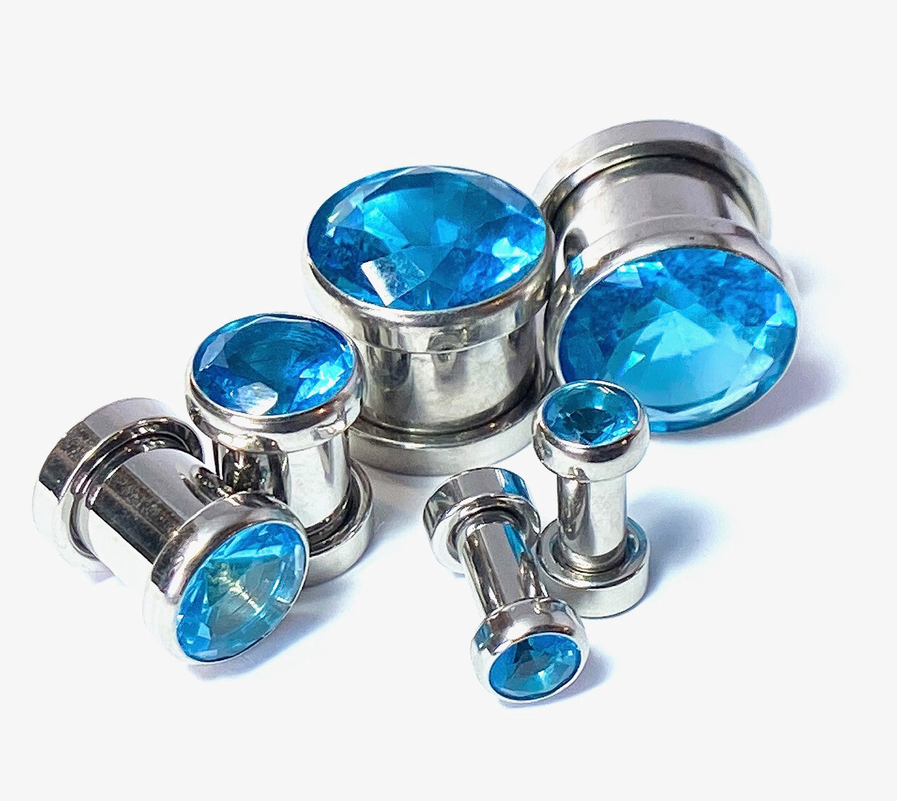 PAIR Large Aqua Blue Gem Screw Fit Tunnel Plug Gauge Body Jewelry Piercing