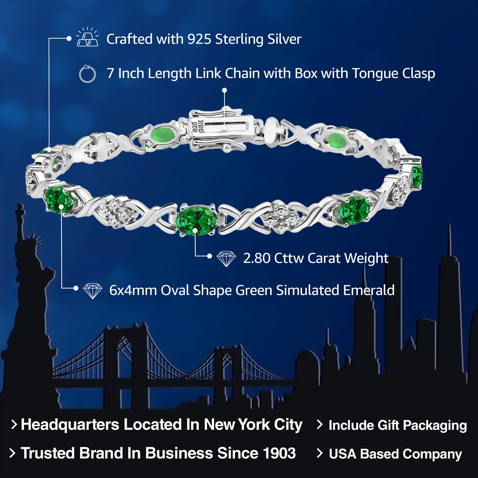 2.80 Cttw Simulated Emerald Tennis Bracelet For Women | 925 Sterling Silver |