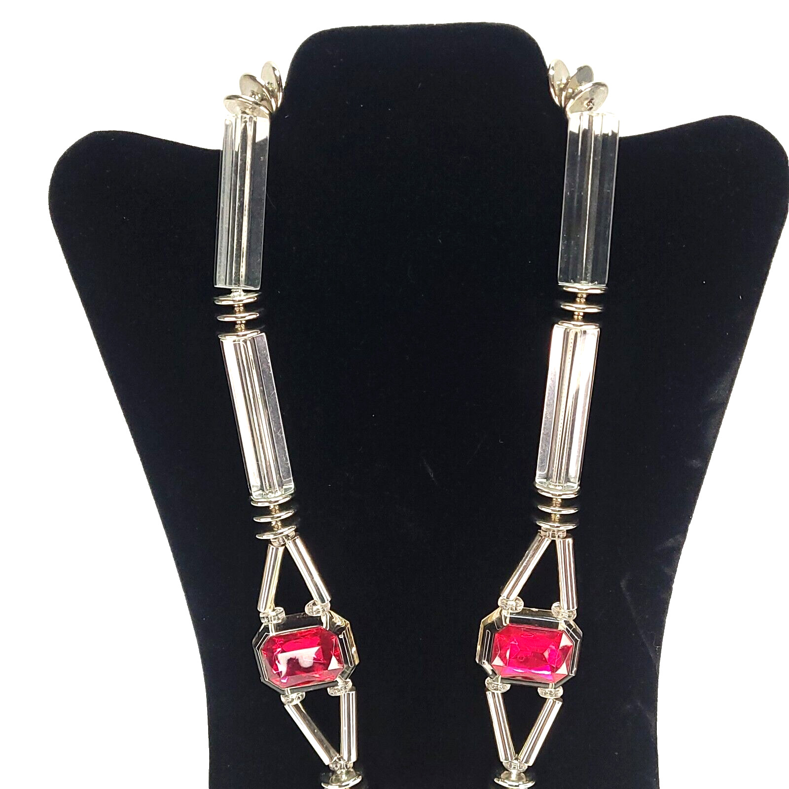 Acrylic Lucite Maximalist 80s Necklace 24″ Fuschia Silver Triangle Art To Wear