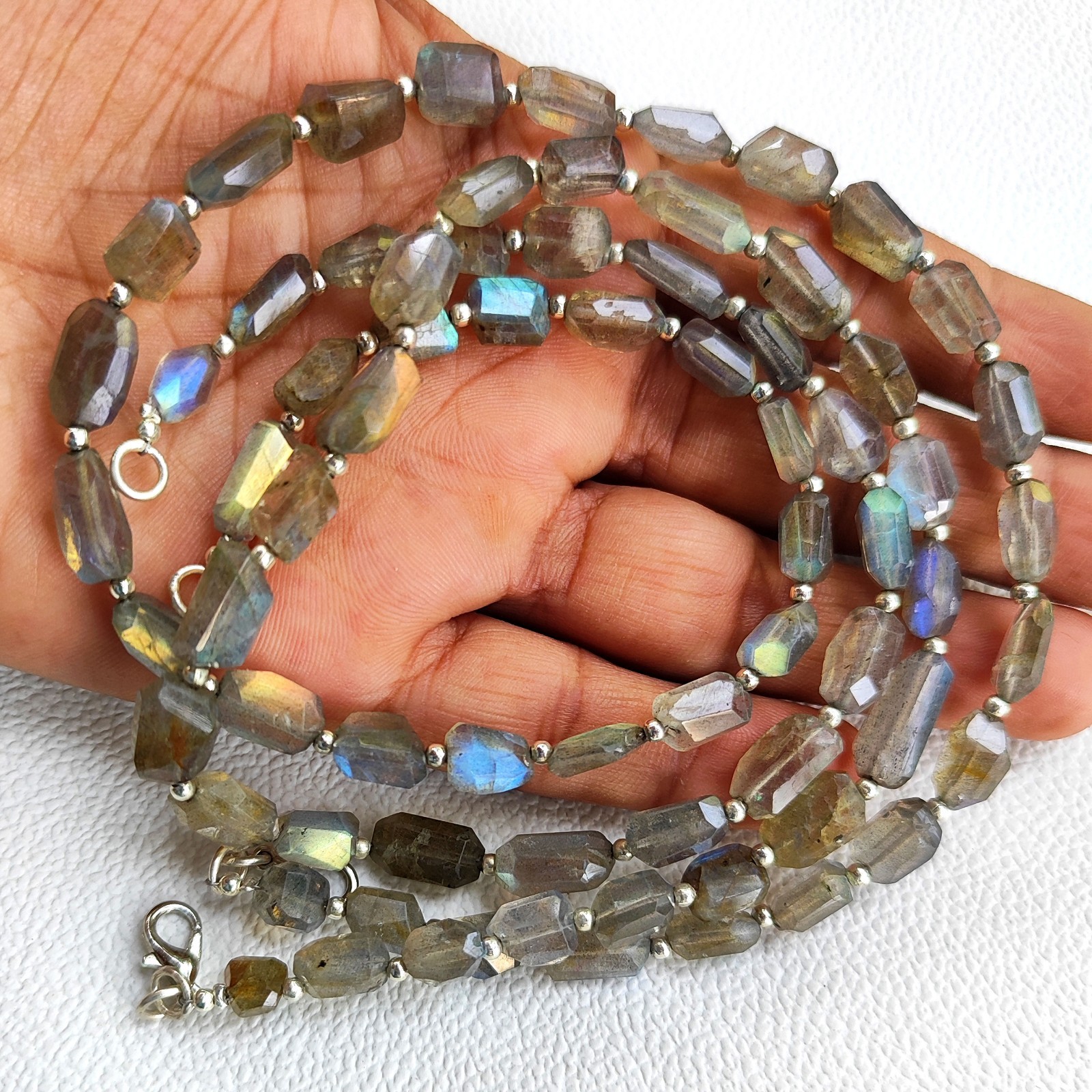 India Rainbow Fire Labradorite 7-11mm Faceted Nugget Beads 17″ Necklace