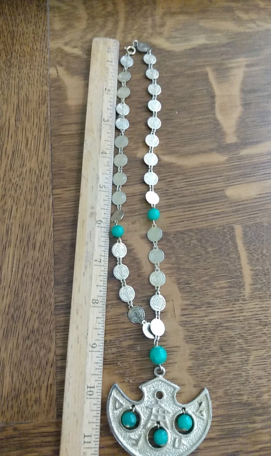 Vintage signed LJM Asian Theme Chain & Pendant With Green Glass Balls