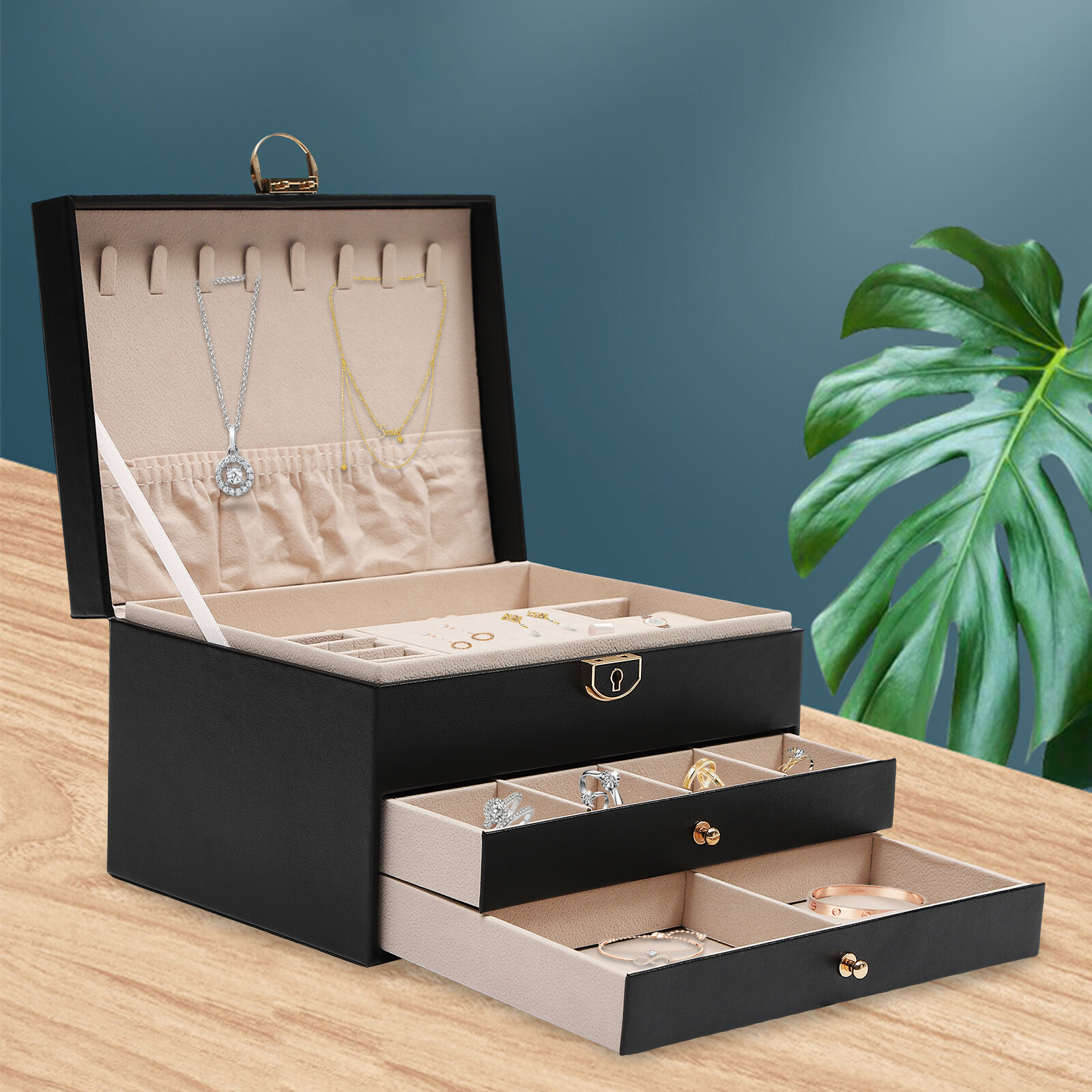 PU Watch Storage Box with Drawer Jewelry Organizer Watch Holder Display Case