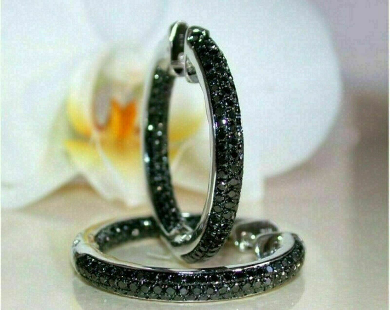 1.50Ct Lab Created Round Cut Black Diamond Hoop Earrings 14K White Gold Finish